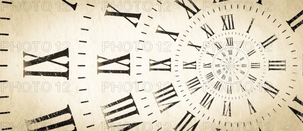 Droste effect background with infinite clock spiral. Abstract design for concepts related to time