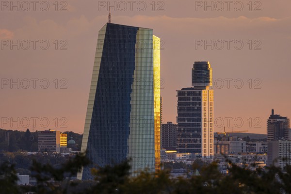 The light of the setting sun falls sideways onto the glass façade of the European Central Bank