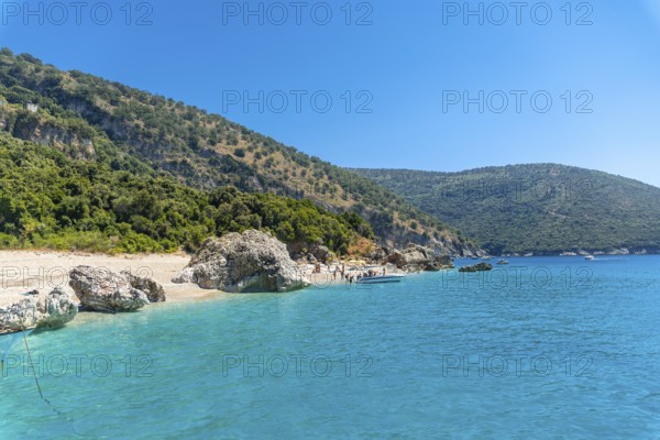 Paradise beach of Kroreza or Krorez from the boat on the Albanian riviera in Sarande, Albania,