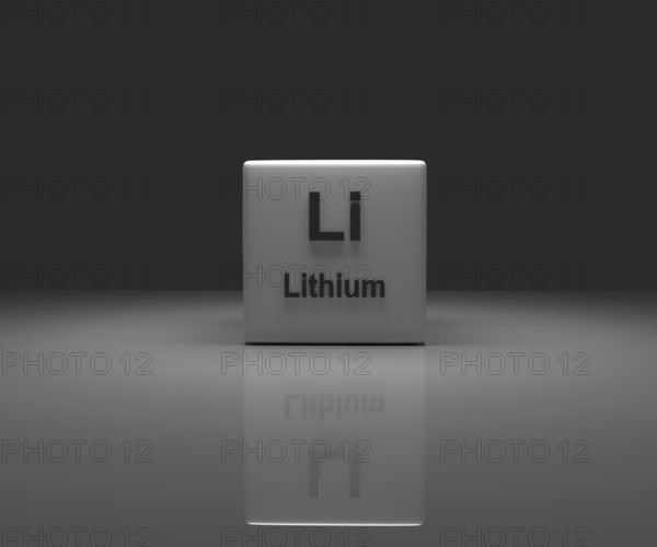 Cube with Li Lithium periodic system, 3d rendering
