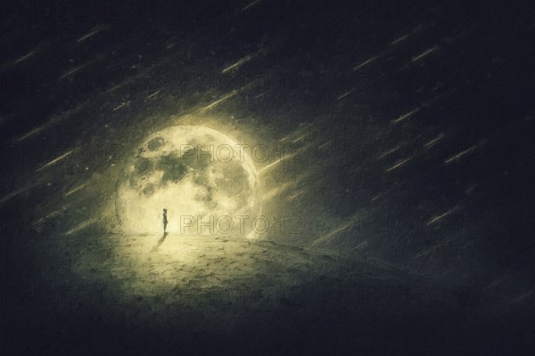 Starfall painting of a surreal world and a person silhouette on a desolate land. Starry night with