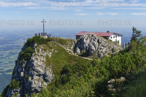 Summit of Hochfelln with summit cross and Hochfellnhaus, Bergen, Chiemgau, Upper Bavaria, Germany,