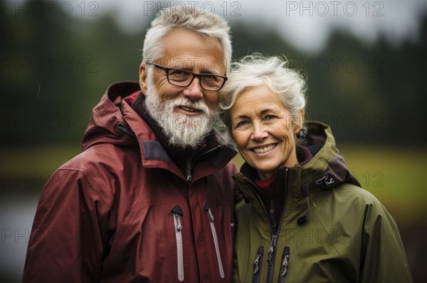 Older couple with grey hair in mackintosh standing happily in open nature, Nordic landscape and