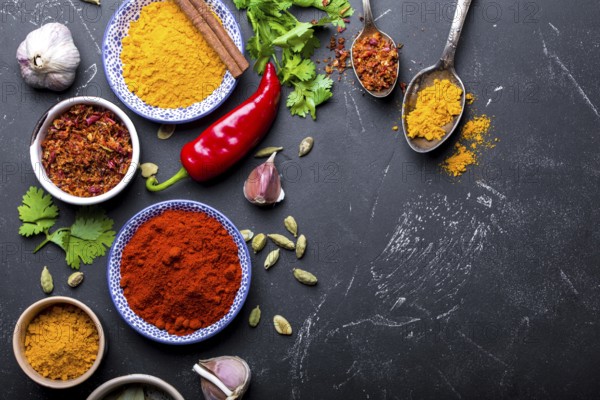 Set of Indian food cooking ingredients. Traditional Indian assorted spices and herbs. Curry,