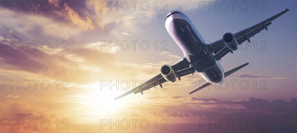 modern airplane against a colorful sky