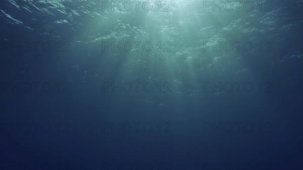 View of sun light from blue abyss, slow motion. Light filters down through blue water. Underwater