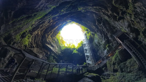 View of a large cave opening with stairs leading up, surrounded by lush greenery and rock