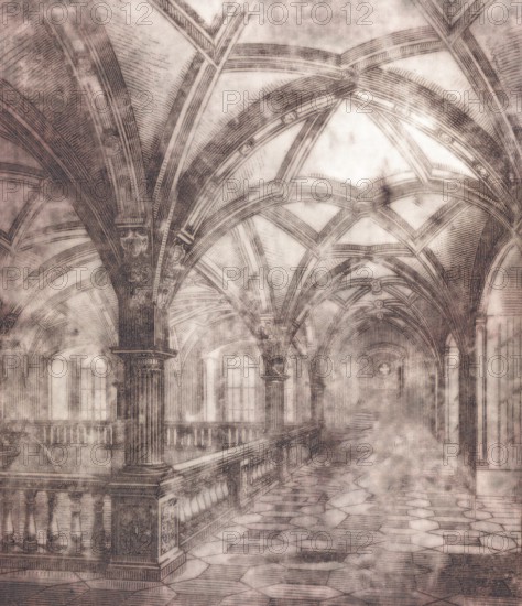 Gothic hallway with ornate architectural arches and columns, depicted in a monochrome sepia tone,