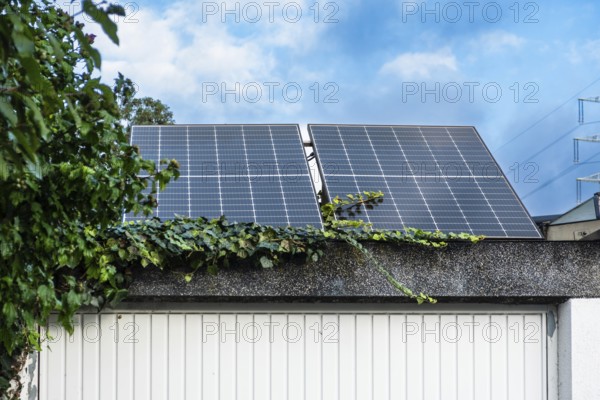 Solar panels on the garage roof in Essen, Germany, Europe