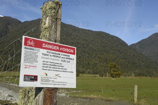 GREYMOUTH, NEW ZEALAND, SEPTEMBER 25, 2019: Signage warns people that Potassium Cyanide has been