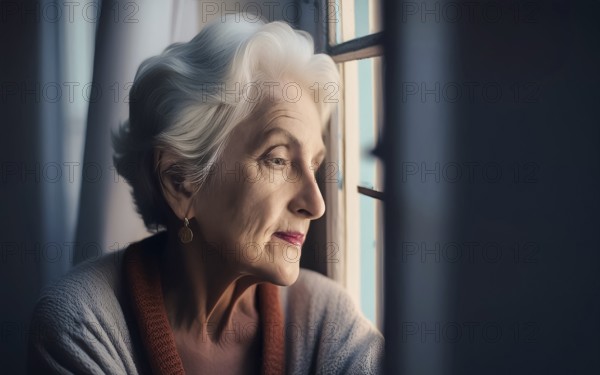 An elderly woman sits in her old flat and looks bored out of the window, loneliness, poverty in old
