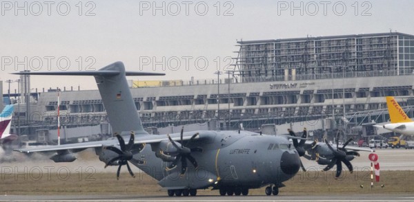 Airbus A400M military transport aircraft of the German Air Force landed at Stuttgart Airport with