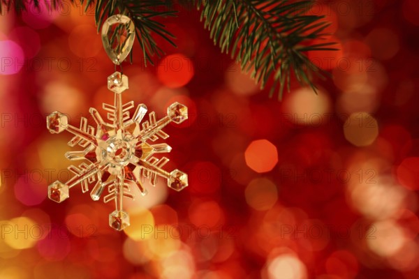 Snowflake on branch of Christmas tree against red blurred background