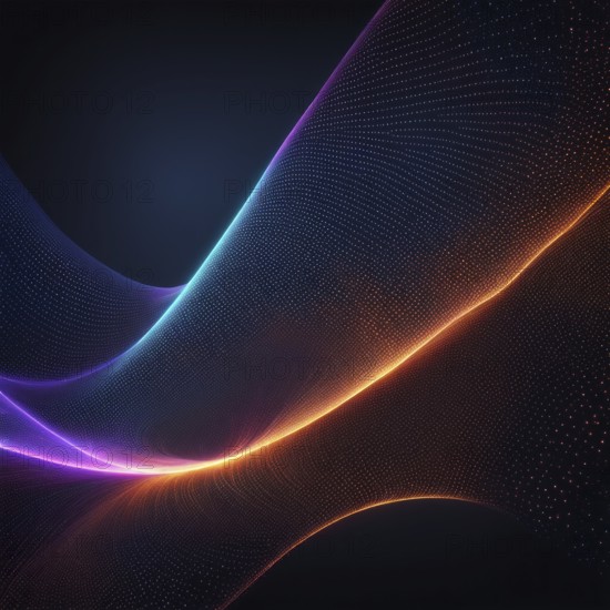 Digital artwork with a harmonious blend of neon purple, orange, and blue waves with light dots,