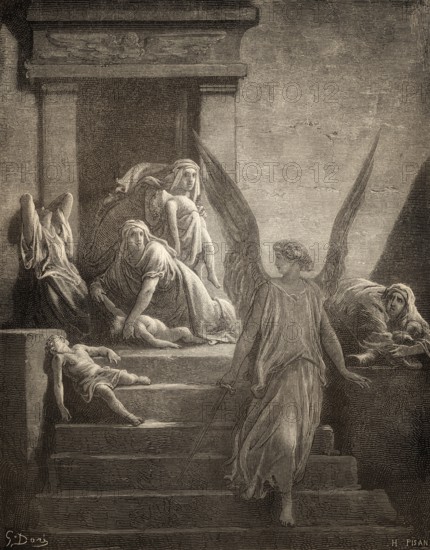 The tenth Plague: Death of Egyptians' firstborn children, woodcut by Gustave Doré