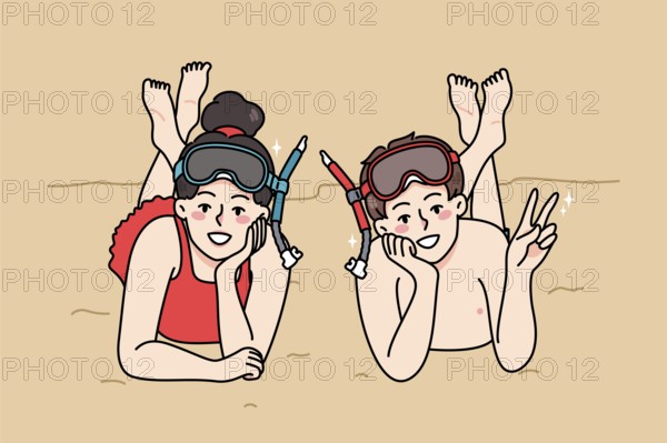 Portrait of smiling small children in snorkeling mask lying relaxing on beach enjoy summer vacation