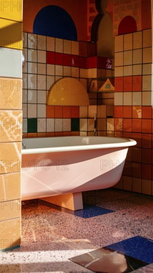 Playful and colorful bathroom design with modern tiles and a ceramic bathtub, architecture,