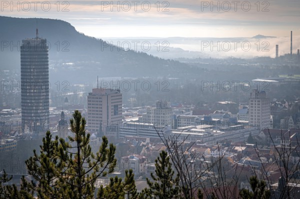 View of the city of Jena with the Jentower (Uniturm) and the Kernberge in the background, in low