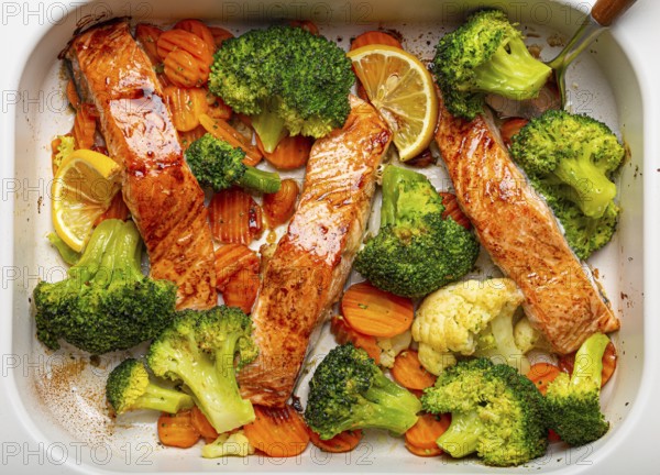 Top view close up of healthy baked fish salmon steaks, broccoli, cauliflower, carrot in casserole