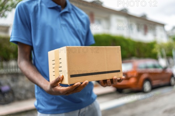 Close-up of a cardboard package on hands of a delivery man on blue uniform standing on street