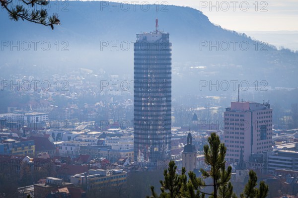View of the city of Jena with the Jentower (Uniturm) and the Kernberge in the background, in low