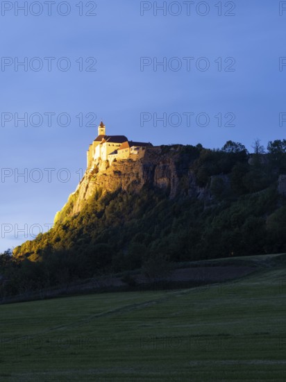 Illuminated Riegersburg Castle, blue hour, Styrian volcano country, Styria, Austria, Europe