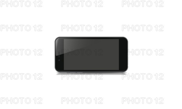 A black sleek smartphone with a touchscreen and a slight reflection on a white background