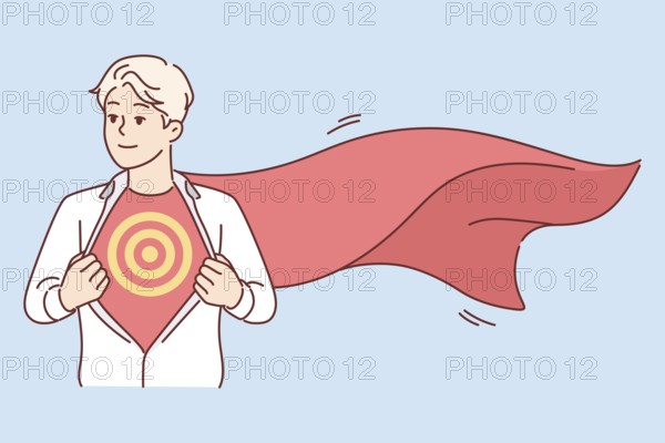 Business man with superhero cape unbuttons shirt and shows target symbolizing ambition and desire