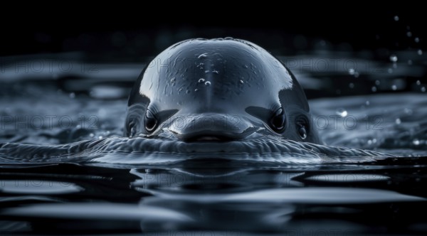Monochrome close-up of a vaquita porpoise (Phocoena sinus) or cochito head emerging from water, ai