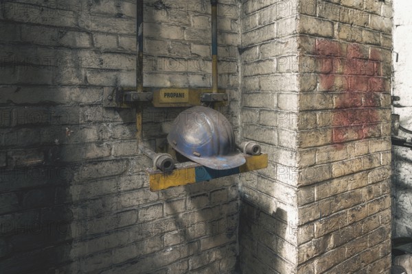 Old abandoned industrial building with a helmet hanging on a brick wall, surrounded by shadows,