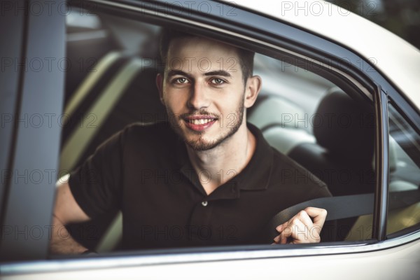Young, handsome man fastens a seat belt, sitting in the back seat of the car