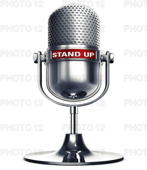 3D rendering of an microphone with the words stand up