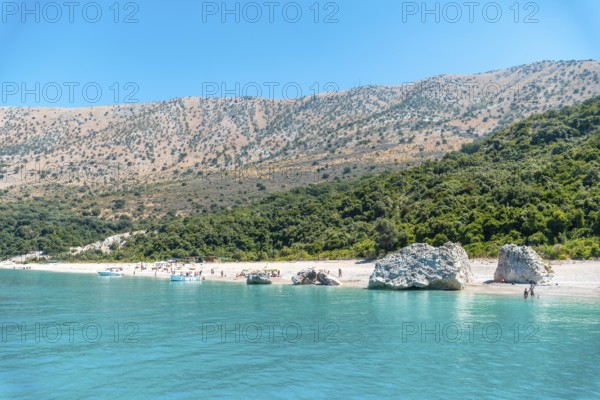 Paradise beach of Kroreza or Krorez seen from the boat on the Albanian riviera in Sarande, Albania,