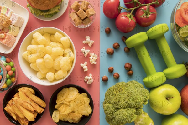 Top view healthy unhealthy food