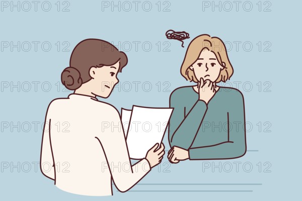 Woman is interviewing in corporation and is nervous waiting for recruiter to read resume and make
