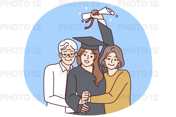 Happy elderly parents hug excited daughter in graduation mantle holding diploma. Smiling mature mom