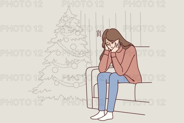 Woman is sitting on sofa near christmas tree and is sad because of loneliness and lack of friends