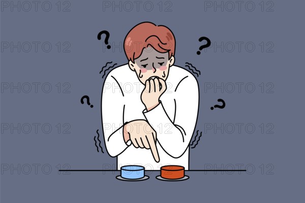Distressed young man choose button to press feel confused and anxious. Stressed guy make choice