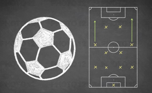 Soccer ball and tactical scheme drawn on chalkboard. White chalk and balckboard
