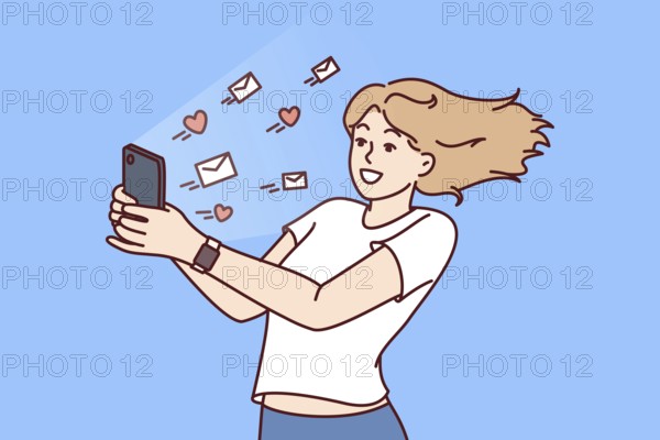 Woman with phone gets lot of messages and likes on social media and rejoices at popularity of