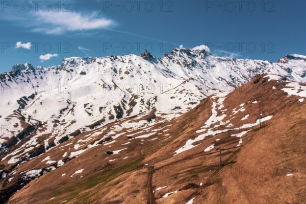 Panoramic view from the Seiser Alm to the Dolomites in Italy, drone shot