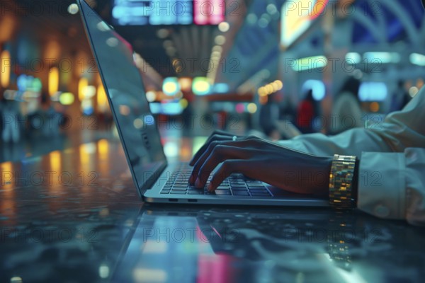 Close-up of hands typing on a laptop keyboard with blue illuminated background, AI generated
