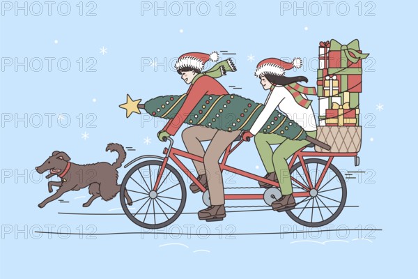 Christmas and New Year holidays concept. Smiling happy couple riding on bicycle with evergreen tree