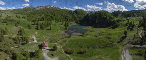 Lago Nero di Cesana, drone shot, Cesana Torinese, Piedmont, Italy, Europe