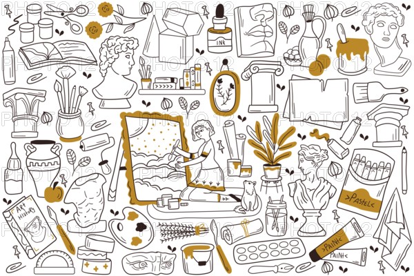 Painting doodle set. Collection of hand drawn sketches templates patterns of woman girl artist