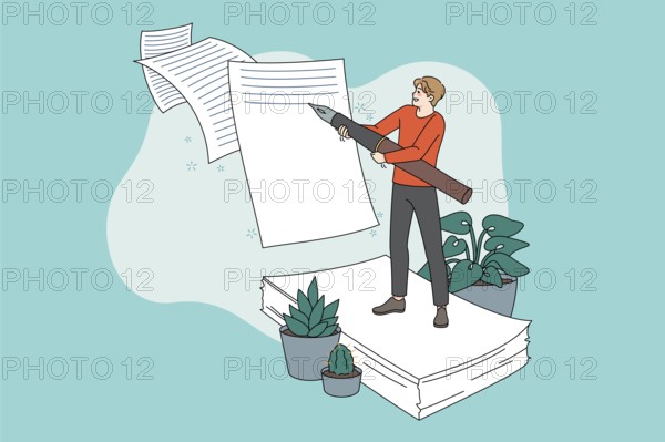 Male writer with huge pen writing on paper finishing fiction book. Man author creating novel, note