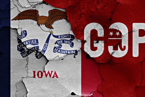 Flag of Iowa and gop painted on cracked wall