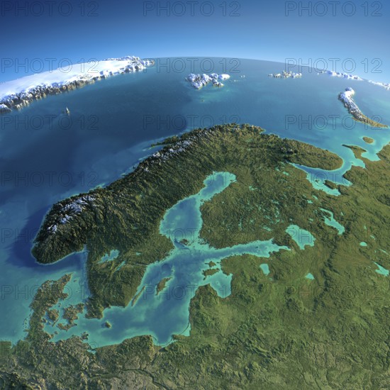 Highly detailed planet Earth in the morning. Exaggerated precise relief lit morning sun. Detailed