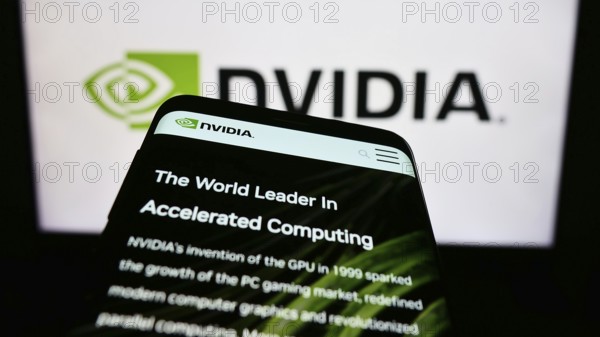 Stuttgart, Germany, 08-13-2023: Mobile phone with website of US technology company Nvidia