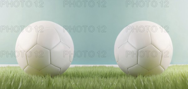 Two white football balls placed against each other on the green grass. Soccer scoreline symbols
